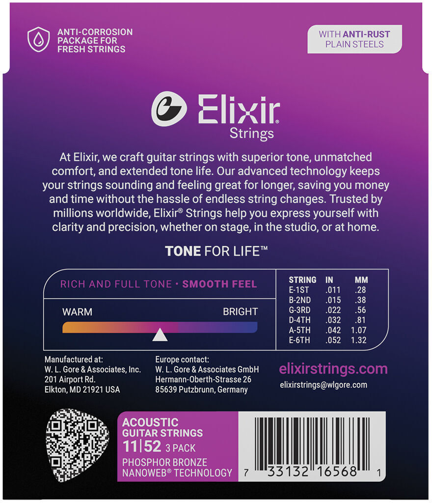 Elixir Phosphor Bronze Nanoweb 11-52 - 3 Pack