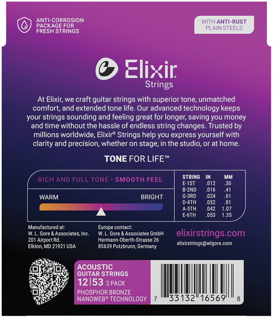 Elixir Phosphor Bronze Nanoweb 12-53 - 3 Pack