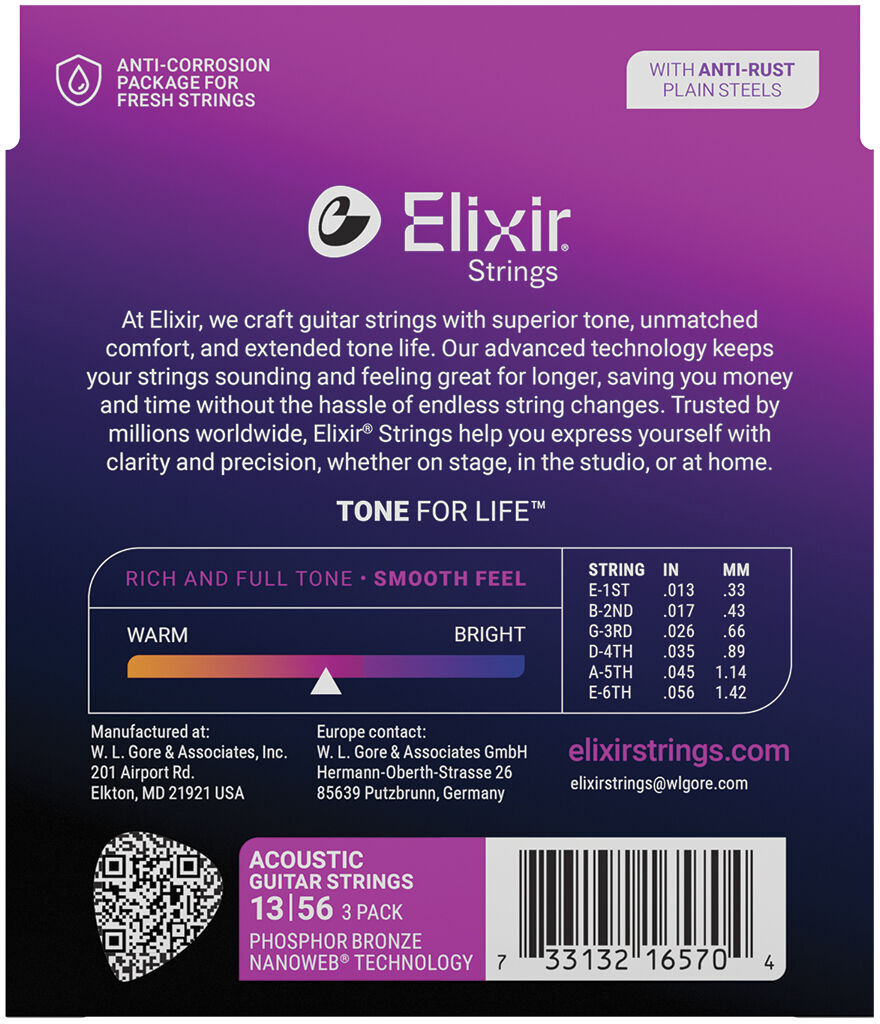 Elixir Phosphor Bronze Nanoweb 13-56 - 3 Pack