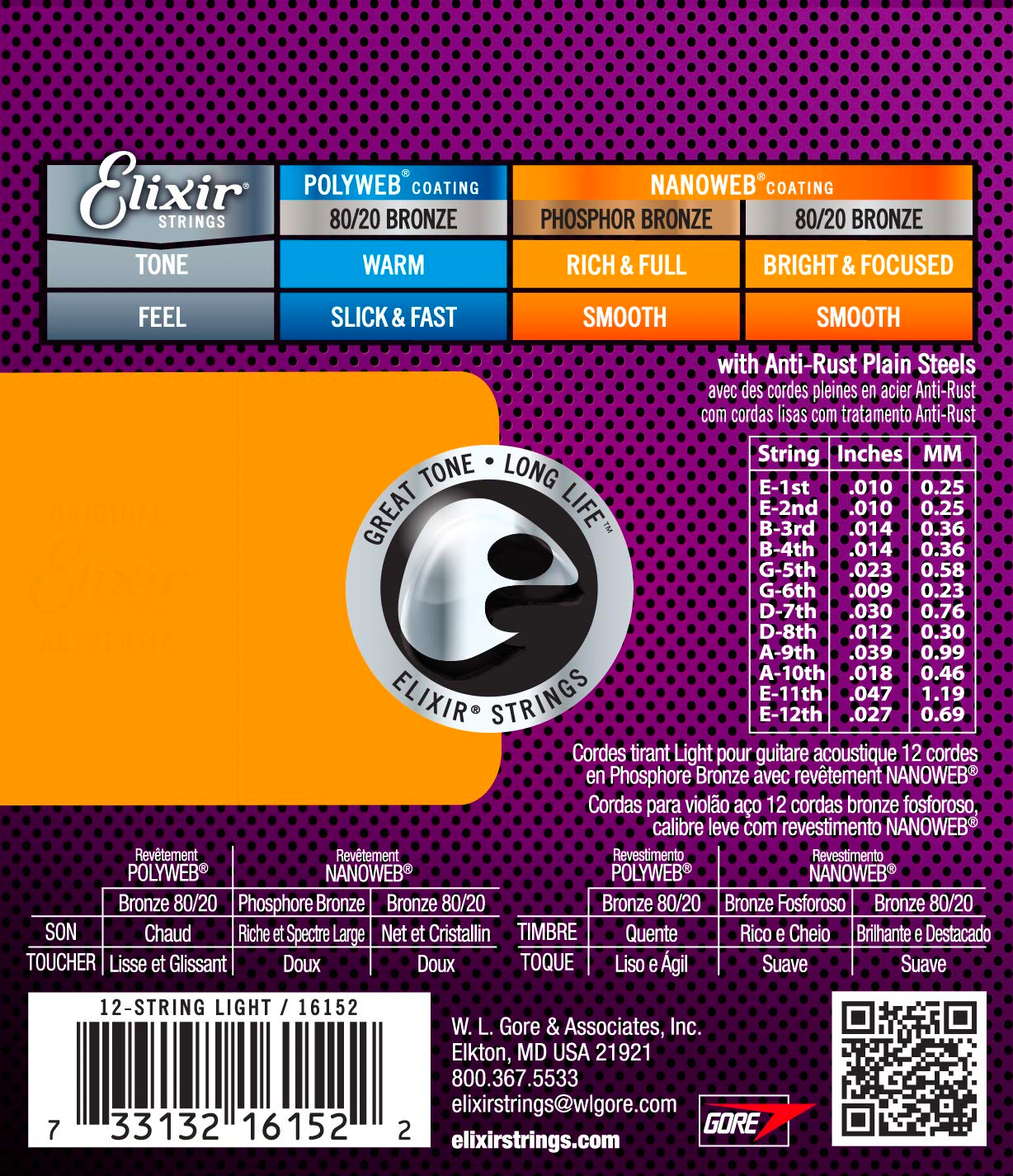 Elixir Phosphor Bronze Nanoweb 12 String 16152 10-47