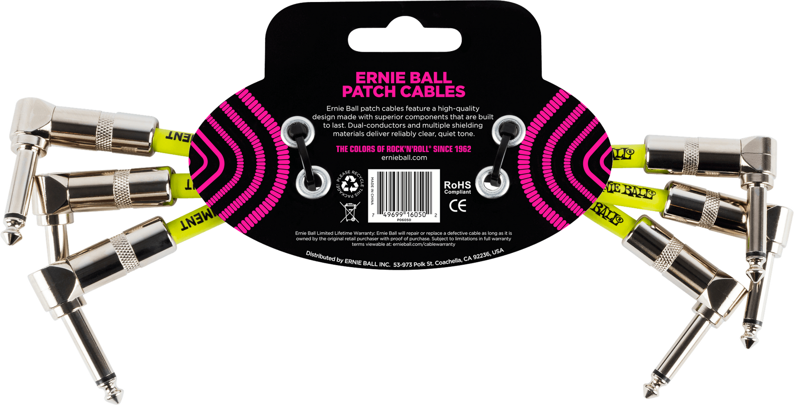 Ernie Ball Classic Patch Cable Angle/Angle 6" Black 3 Pack