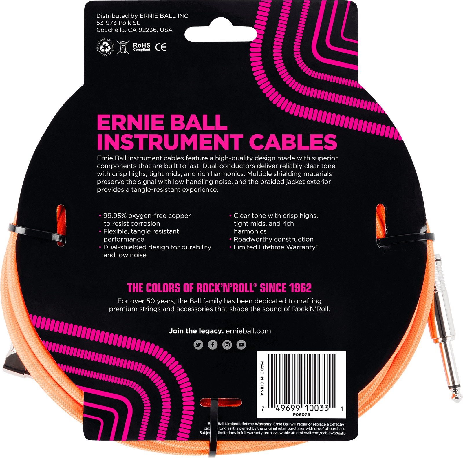 Ernie Ball Braided Instrument Cable Straight/Angle 10ft Neon Orange