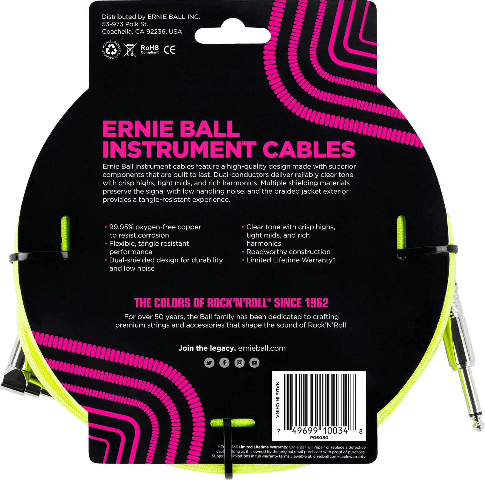 Ernie Ball Braided Instrument Cable Straight/Angle 10ft Neon Yellow