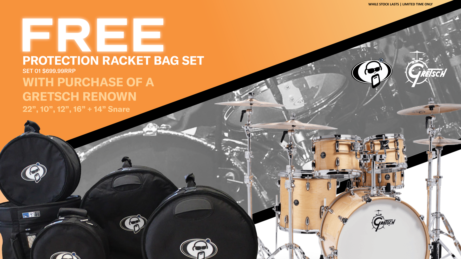 Free Protection Racket Bag Set with Gretsch Renown RN2-E825 Kit