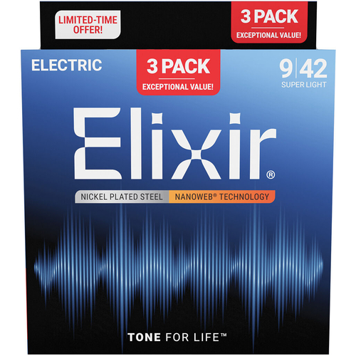 Elixir Nickel Plated Steel Nanoweb 9-42 - 3 Pack