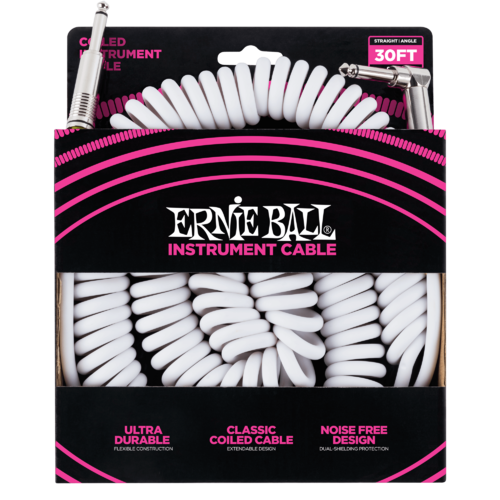 Ernie Ball Coiled Straight Angle Instrument Cable 9m - White